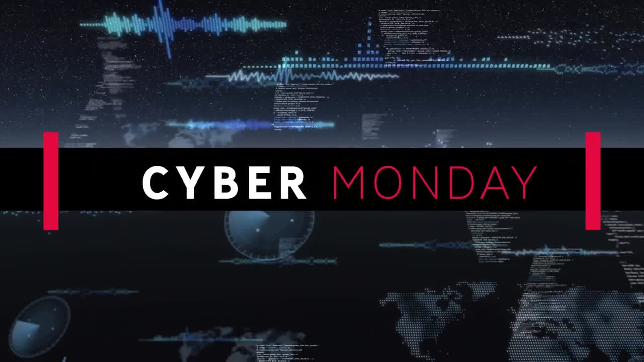 animación digital del banner de texto de cyber monday contra múltiples escáneres redondos y procesamiento de datos