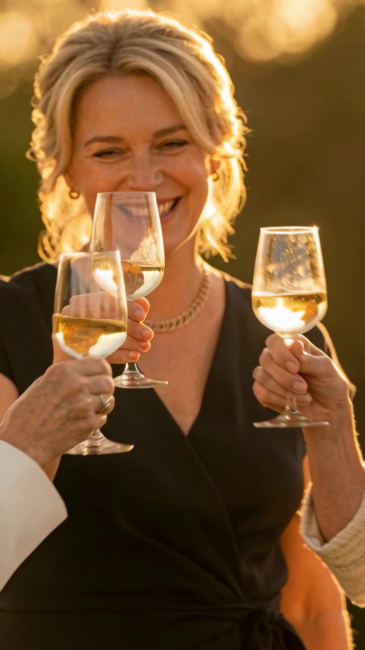 Vertical video: Smiling woman in dark dress raising glass outdoors, hands offering glasses toasting