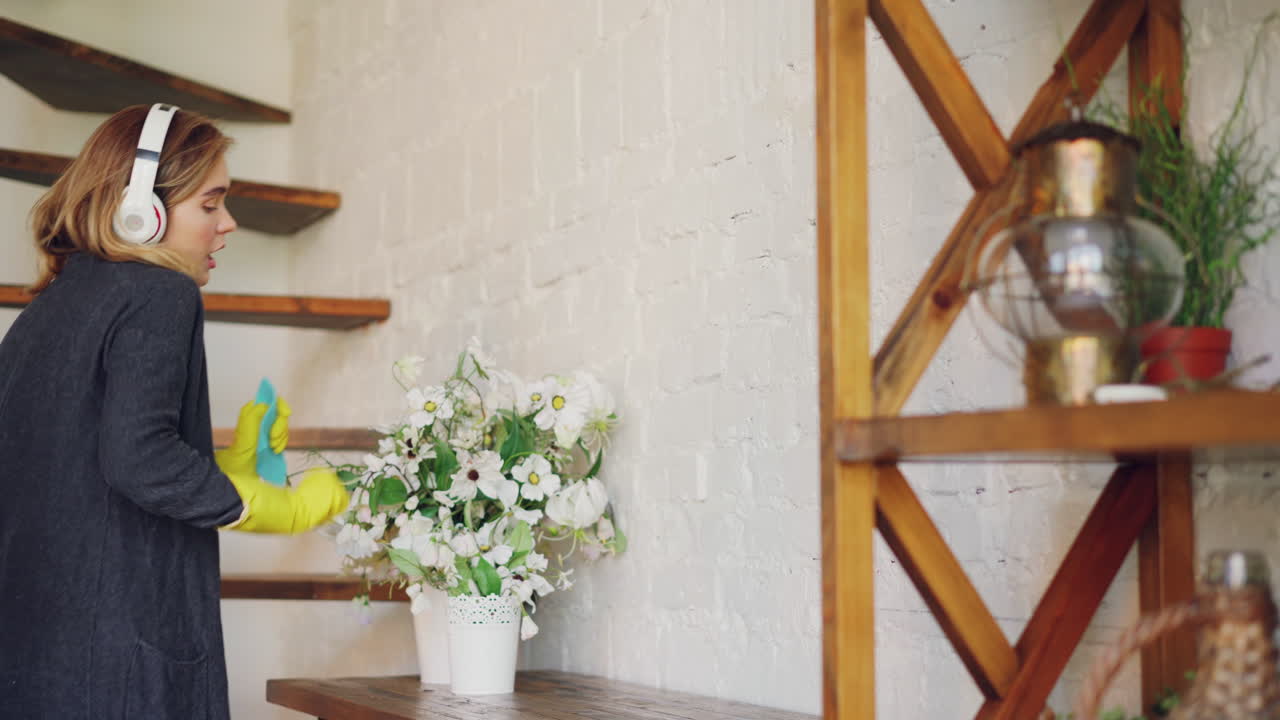 Woman Cleaning a Home Interior with Headphones