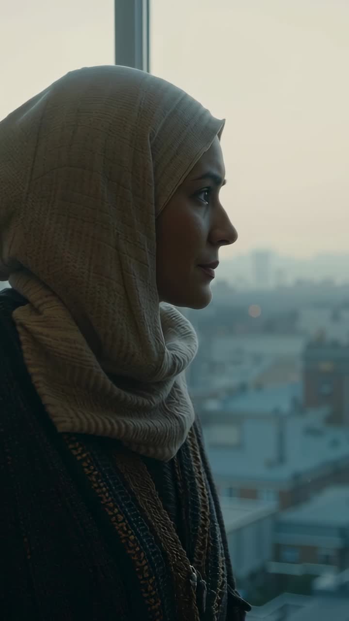 Verticale video: Staande vrouw met hoofddoek in kamer, licht dat haar ogen accentueert, starend naar het raam, met witruimte.