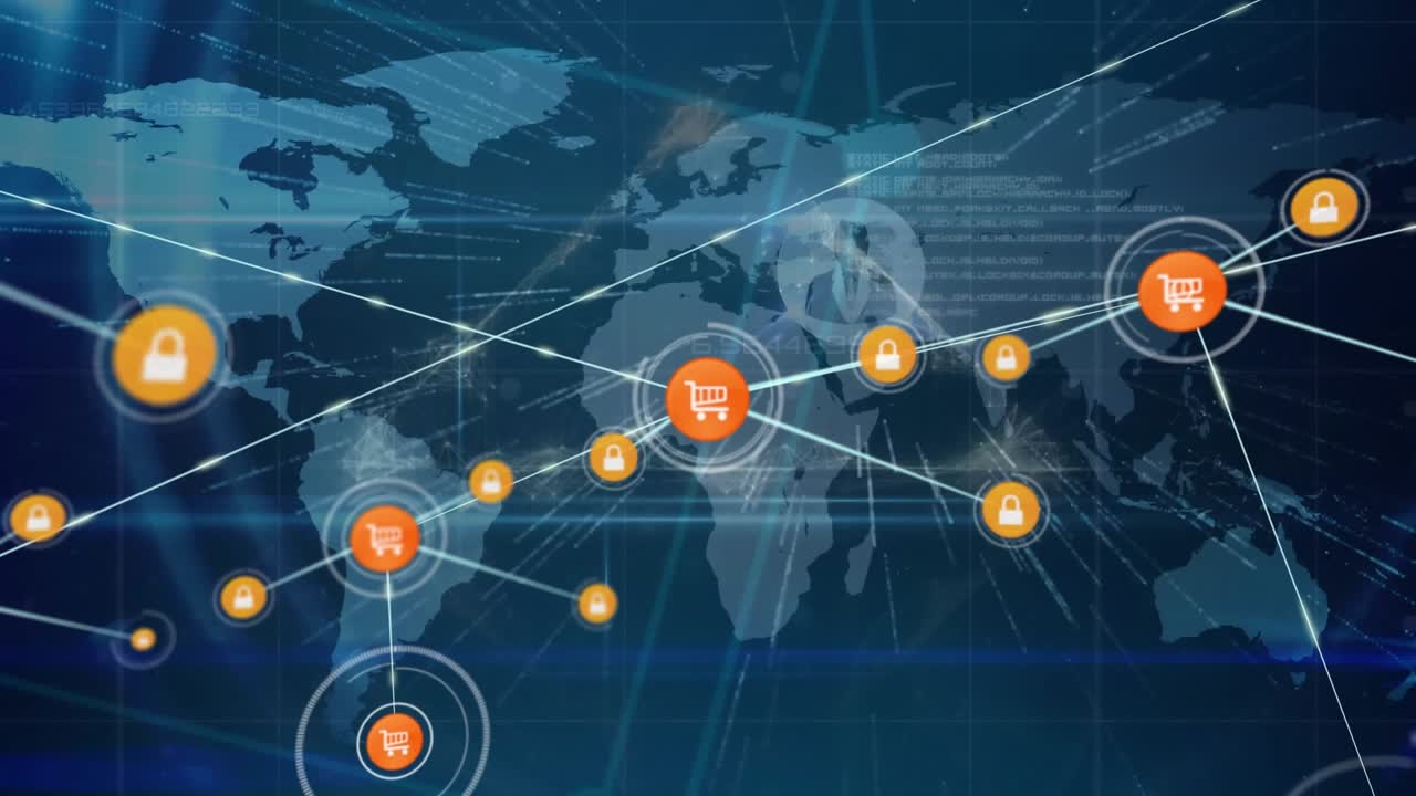 Animazione di una rete di connessioni con icone, su uno sfondo di rete di connessioni e nuvole animate.