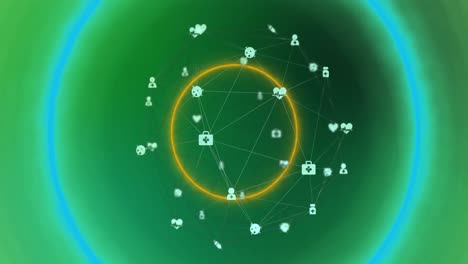 Animation-of-neon-circles-over-connections-on-green-background