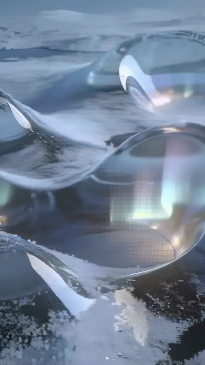 Vertical video: Shifting low-angle camera showing glass domes on snow, frost rims and aurora bands
