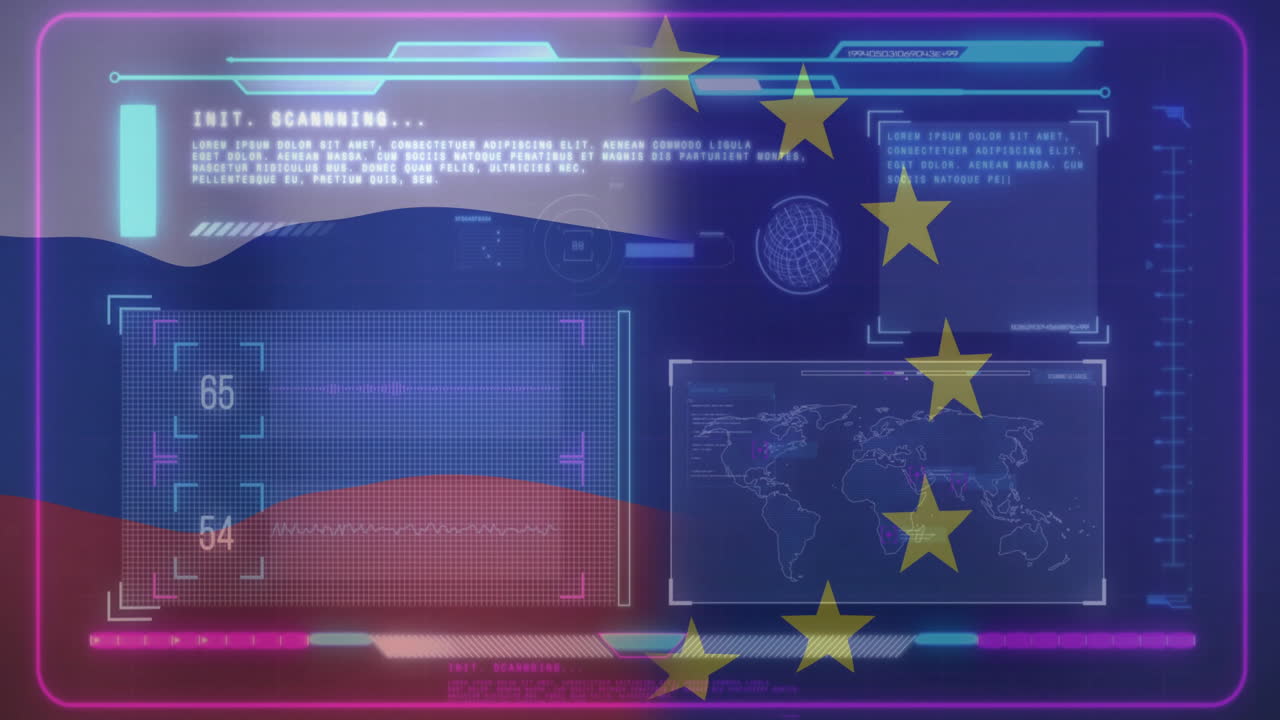 Animation of global map with European Union stars and futuristic digital interface