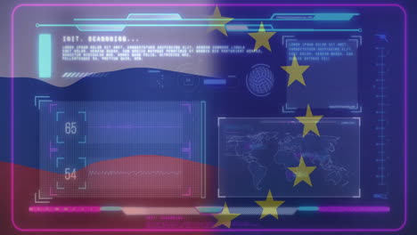 animation of global map with european union stars and futuristic digital interface