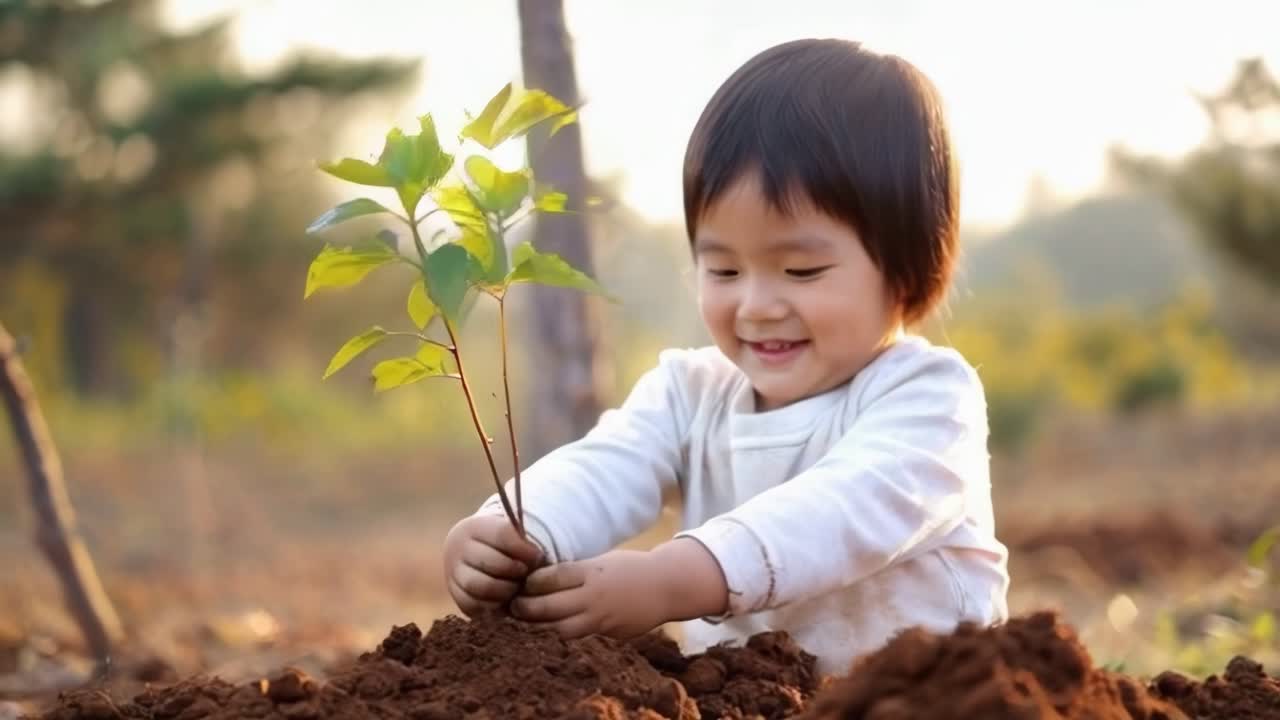 An asian cheerful child carefully plants a young tree sapling, their face glowing with happiness.