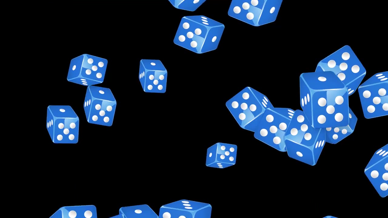 Animazione 3D dinamica di dadi da gioco blu che esplodono e rotolano attraverso uno spazio vuoto e buio