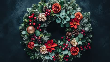 christmas wreath with roses, berries, and pine cones