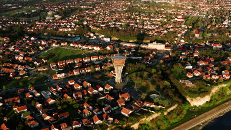 aerial view of vukovar water tower at sunrise in vukovar, croatia