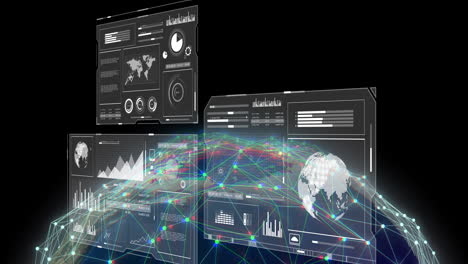 Animación-De-Pantallas-Y-Procesamiento-De-Datos-Sobre-El-Globo-Sobre-Fondo-Negro