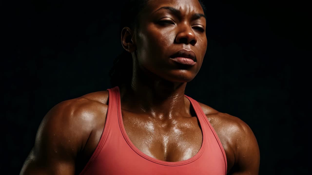 Dynamic video still of a strong athlete in a pink top, captured from a low angle