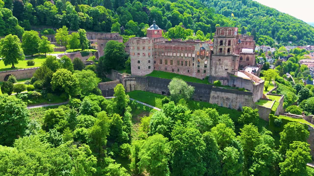 4K Aerial Drone Video of Ruins and Gardens of the Historic Castle on Königstuhl Hill overlooking Heidelberg, Germany