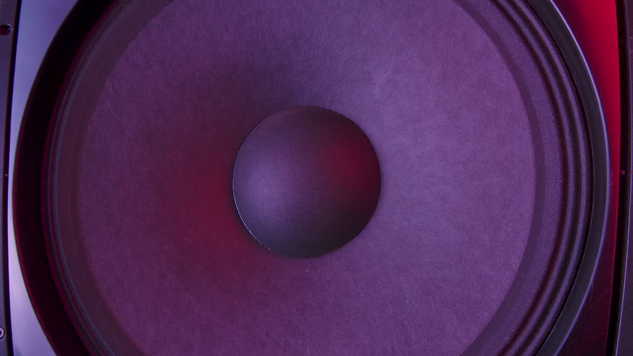 gran membrana redonda de altavoz de bajo que emite sonidos y vibraciones, rebotando al ritmo. parte del altavoz. cerca. movimiento lento