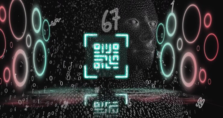 Animasi digital kode QR bercahaya di antara barisan penggunaan kode QR laptop dengan latar belakang hitam