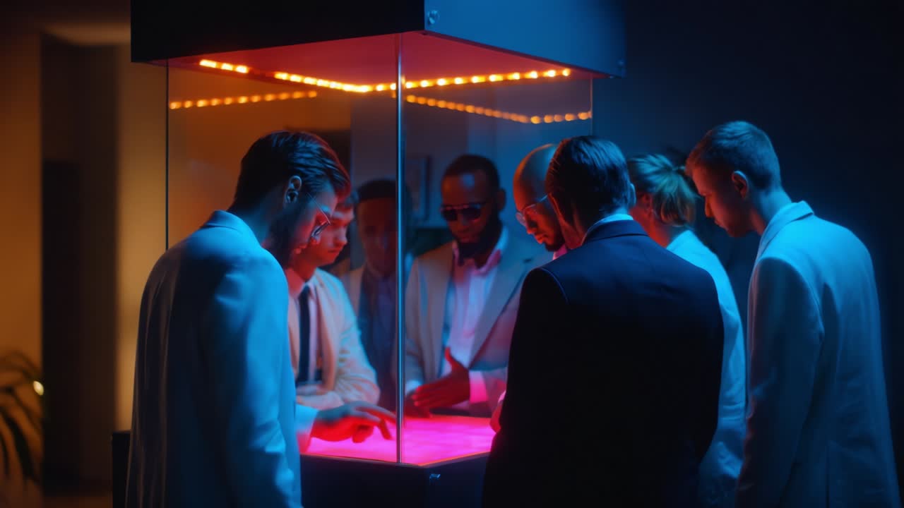 A mysterious gathering of individuals in formal attire is captivated by a glowing interactive display, highlighting a fusion of technology and intrigue in an ambient, dimly lit environment