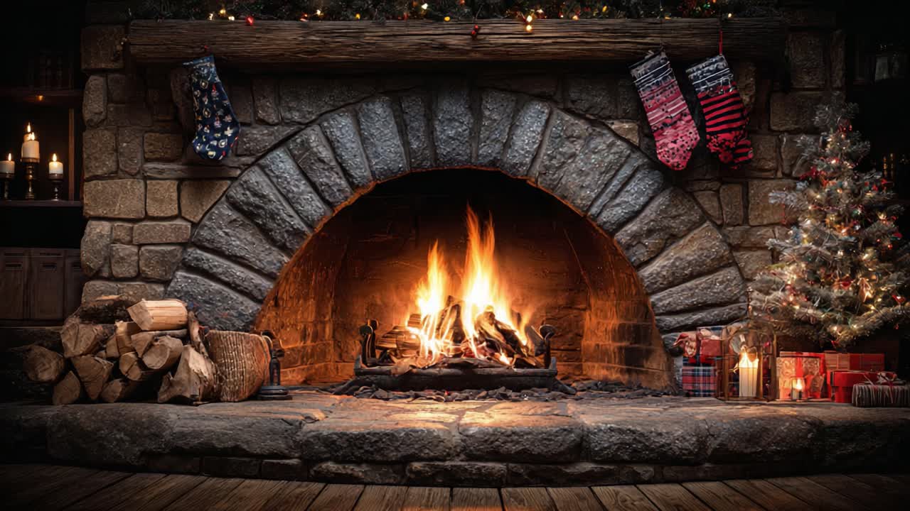 Cozy Fireplace with Flickering Flames, Cheerful Christmas Stockings, and a Festive Tree Create a Warm Holiday Atmosphere Perfect for Gatherings and Celebrations
