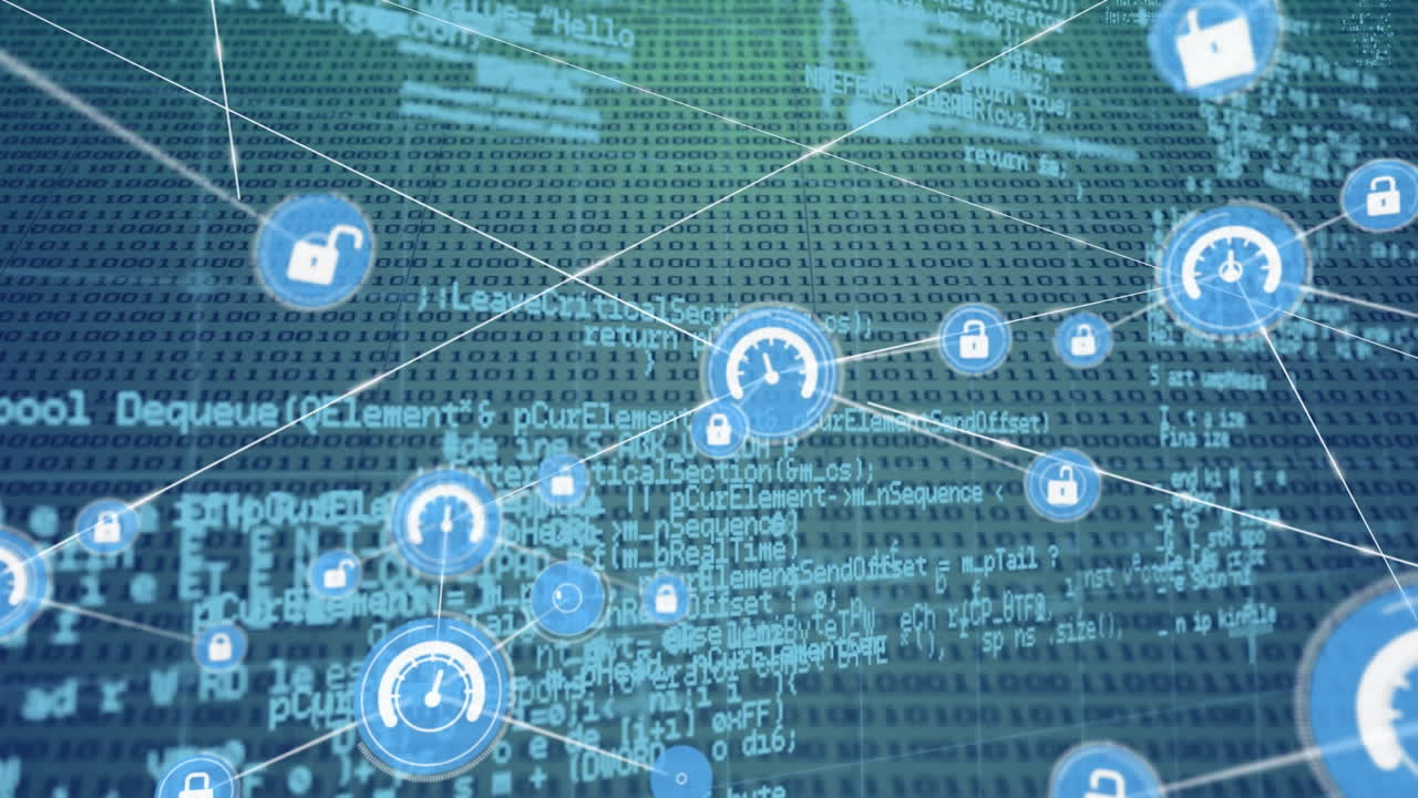 디지털 아이콘 네트워크의 애니메이션과 검은색 배경에 바이너리 코딩을 통해 데이터 처리