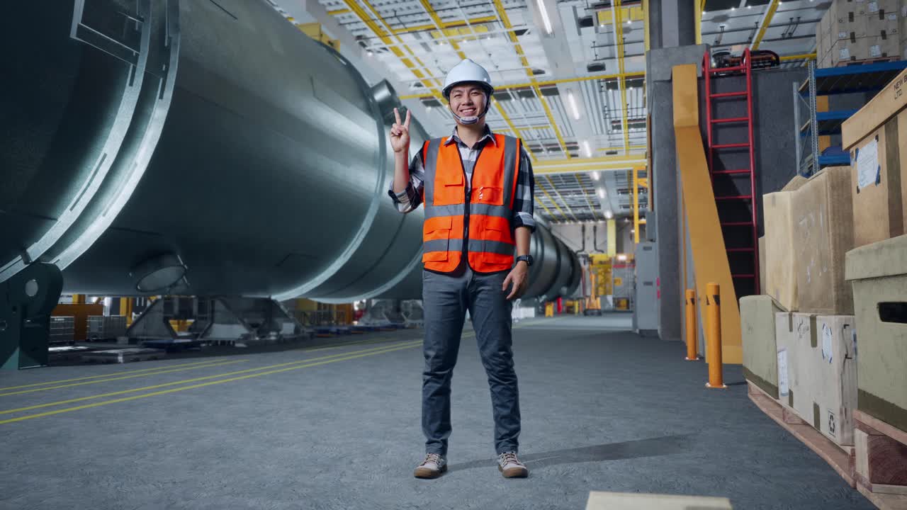 corpo pieno di ingegnere maschio asiatico con casco di sicurezza in piedi in fabbrica di fabbricazione di tubi. sorridendo e mostrando il gesto della pace