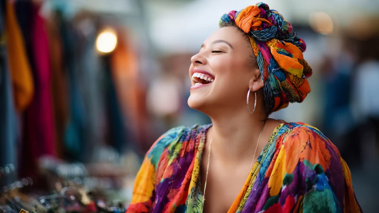 Joyful Woman in Colorful Attire Laughing at a Vibrant Market, Embracing Life with a Bright Smile and Colorful Headwrap in a Lively Setting Rich with Culture and Warmth