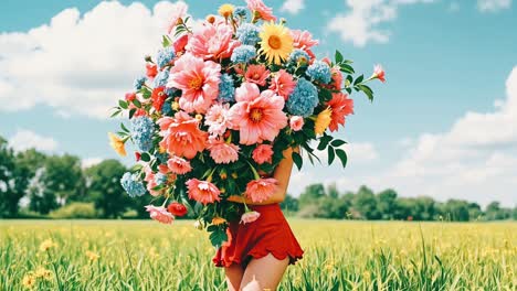 woman holding a huge bouquet of flowers in a field