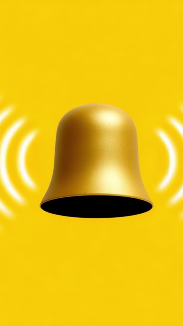 Una campana dorata che squilla su uno sfondo giallo vibrante: una rappresentazione visiva coinvolgente di onde sonore e segnali di notifica in un design audace