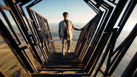 man standing in a unique geometric outdoor structure