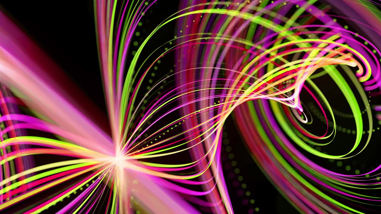 빛의 흐름: 4k에서 추상적인 루프 배경, 빛의 흔적, 공간에서 녹색, 빨간색, 노란색, 네온 선의 흐름은 나선형 모양을 형성하기 위해 움직입니다.