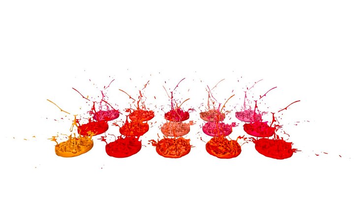 3d paints dance in 4k on white background. Simulation of splashes of ink on a musical speaker that play music. beautiful splashes as a bright background in ultra high quality. Version shades of red 3