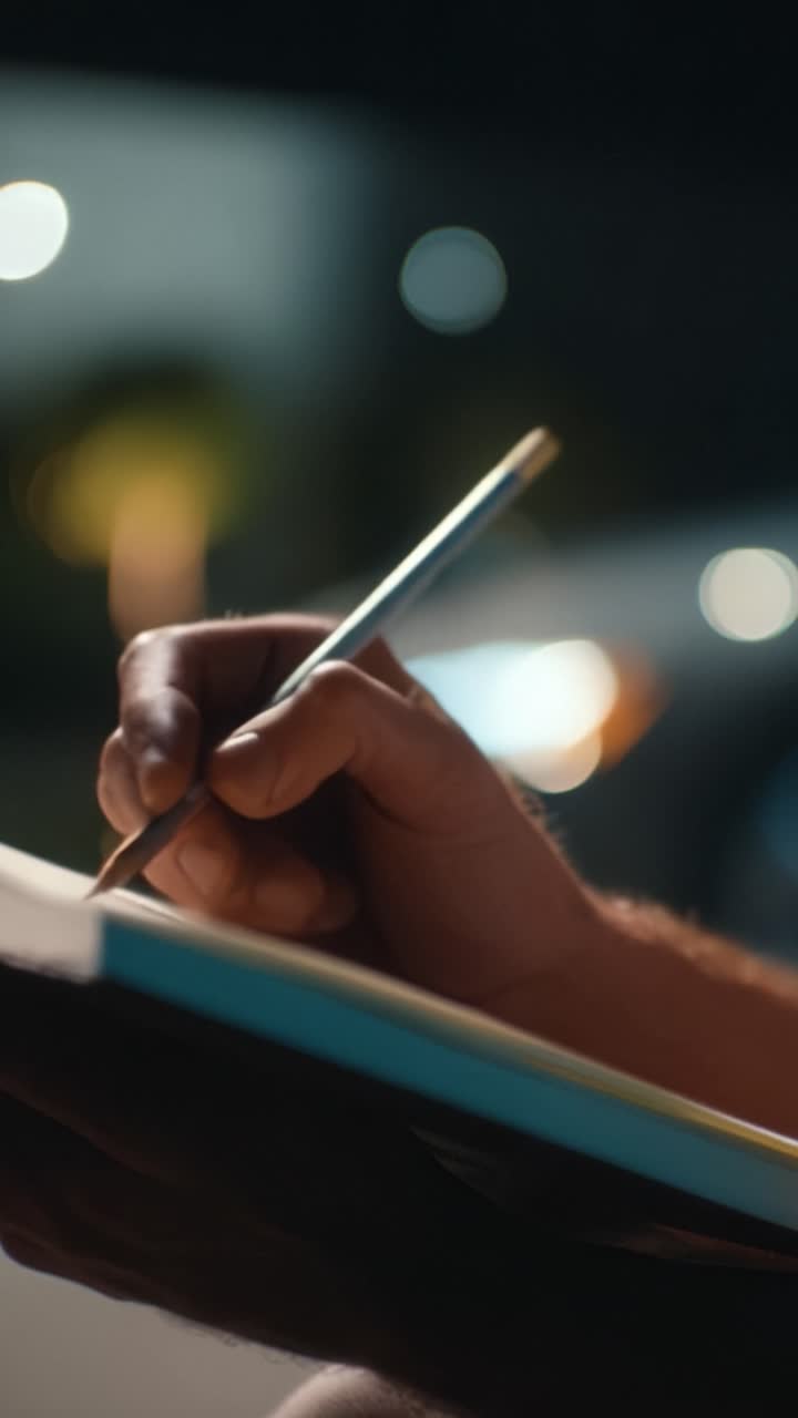A person's hand skillfully writes on a pad, capturing creative ideas with a pencil against a backdrop of vibrant bokeh lights at night