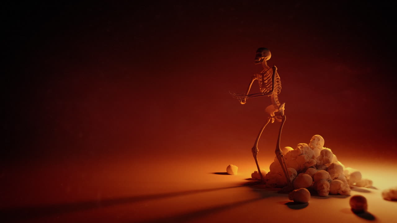 Animated Skeleton Squatting on a Pile of Skulls