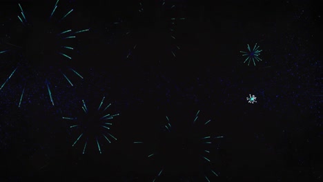 Animation of new year&#039;s eve greetings and blue fireworks exploding on black background