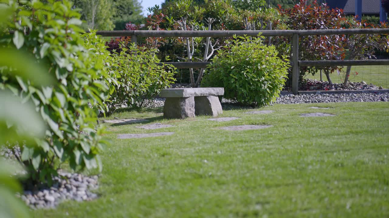 A peaceful garden scene with a stone bench