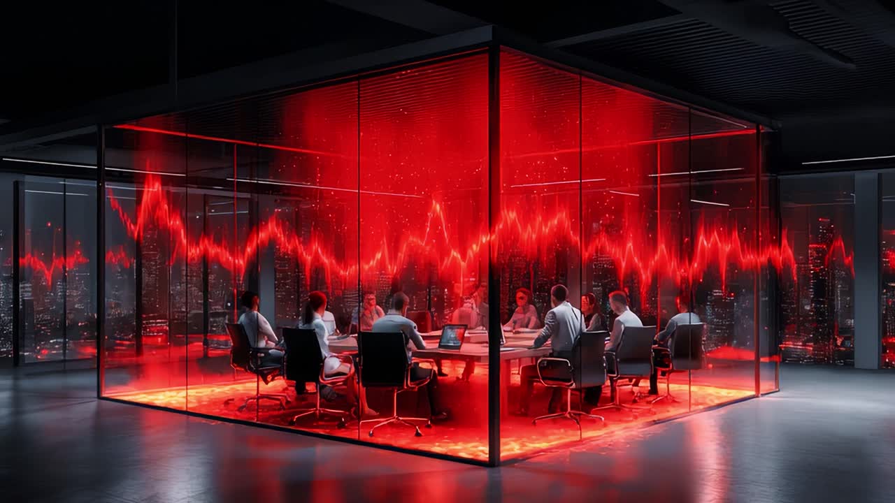 Dynamic Boardroom Discussion Illuminated by Red Analytics Visualization Showcasing Data Trends and Insights in a Modern Glass Conference Room Environment