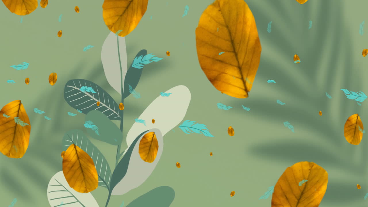 animación de hojas de otoño y patrón sobre fondo verde