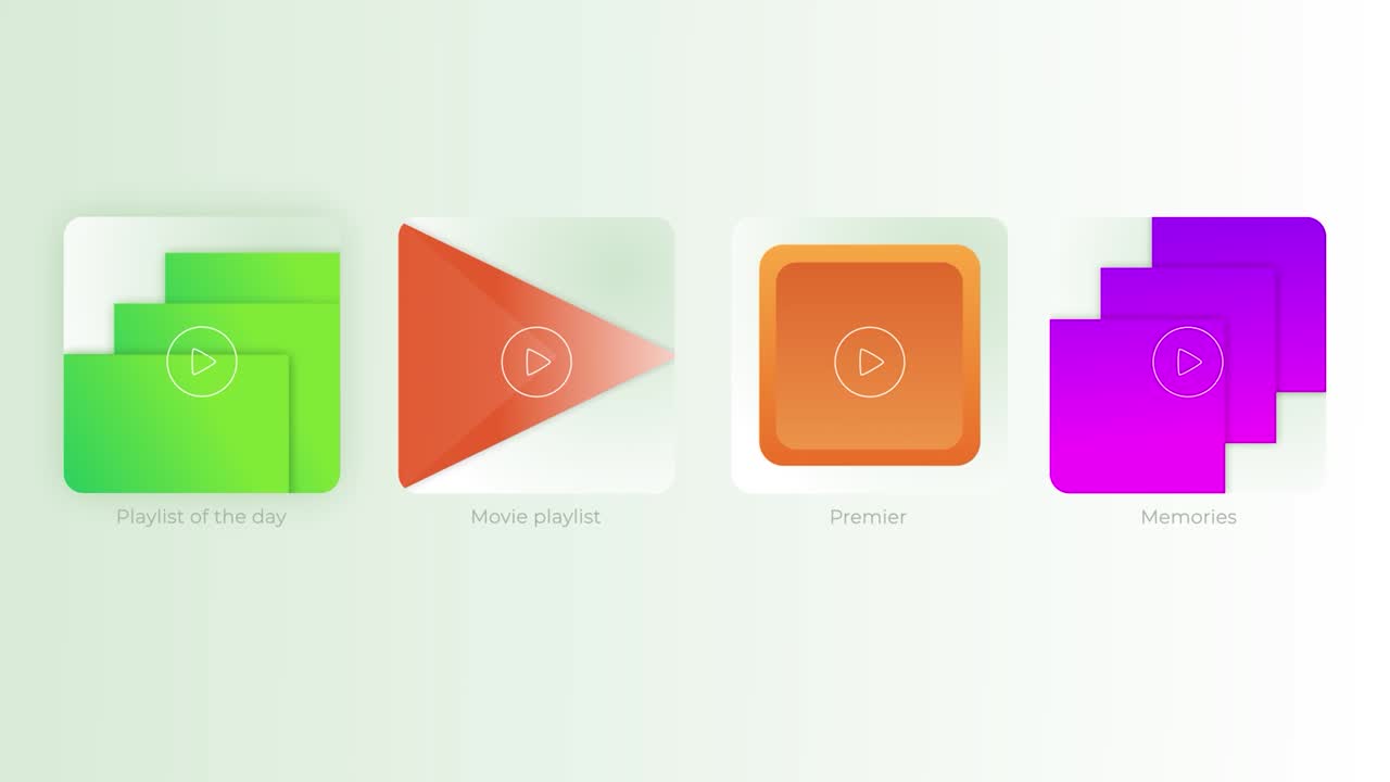 visualización de coloridos iconos de computadora o teléfono inteligente en un fondo de gradiente colorido. movimiento. diferentes tipos de carpetas y icono de juego de forma triangular.
