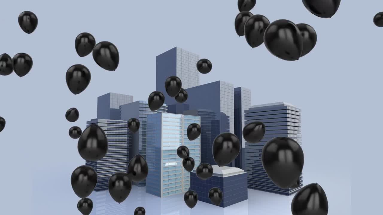 цифровая анимация нескольких воздушных шаров, плавающих над 3d-моделью высоких зданий на синем фоне