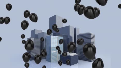 animación digital de varios globos flotando sobre un modelo de edificios altos en 3d contra un fondo azul