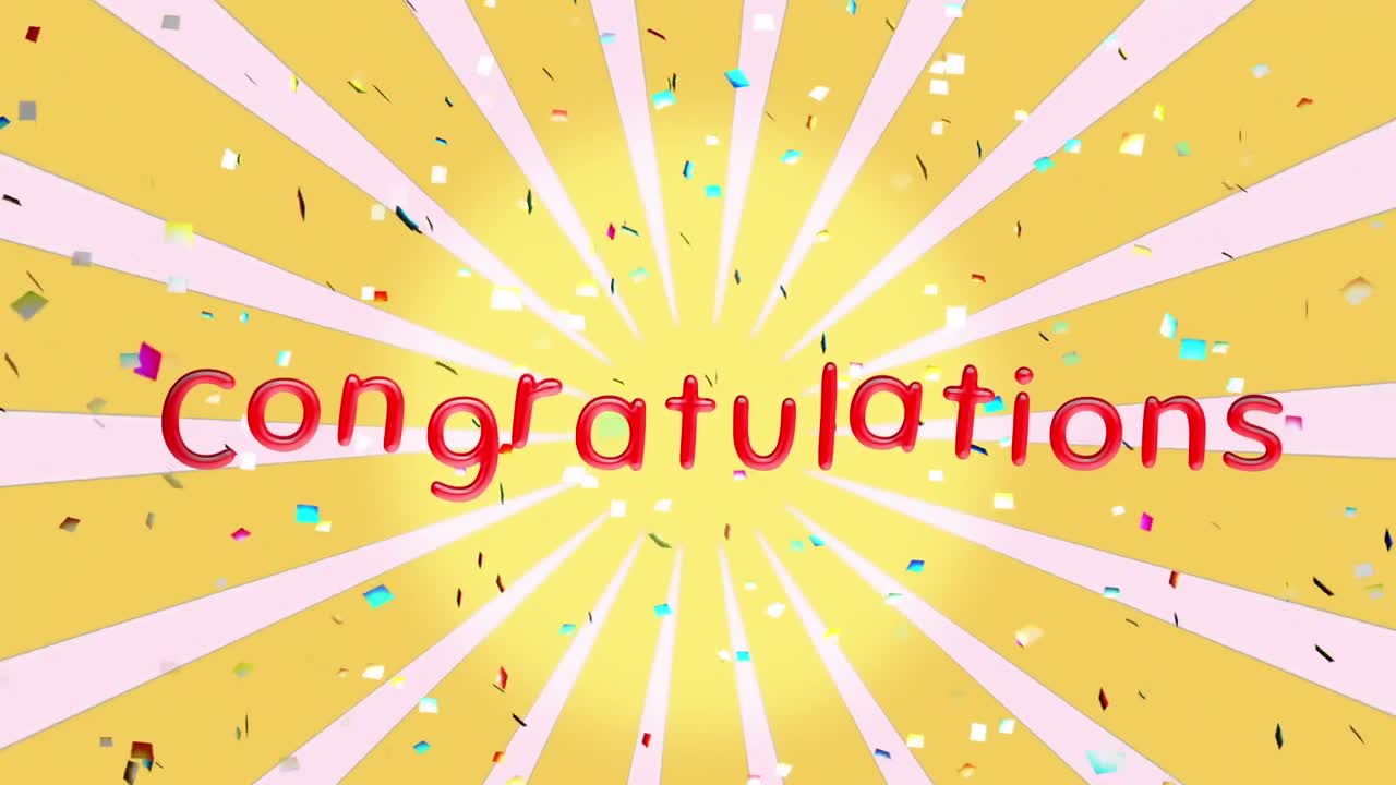 회전하는 노란색과  ⁇ 색 줄무 ⁇ 에 쓰여진 축하