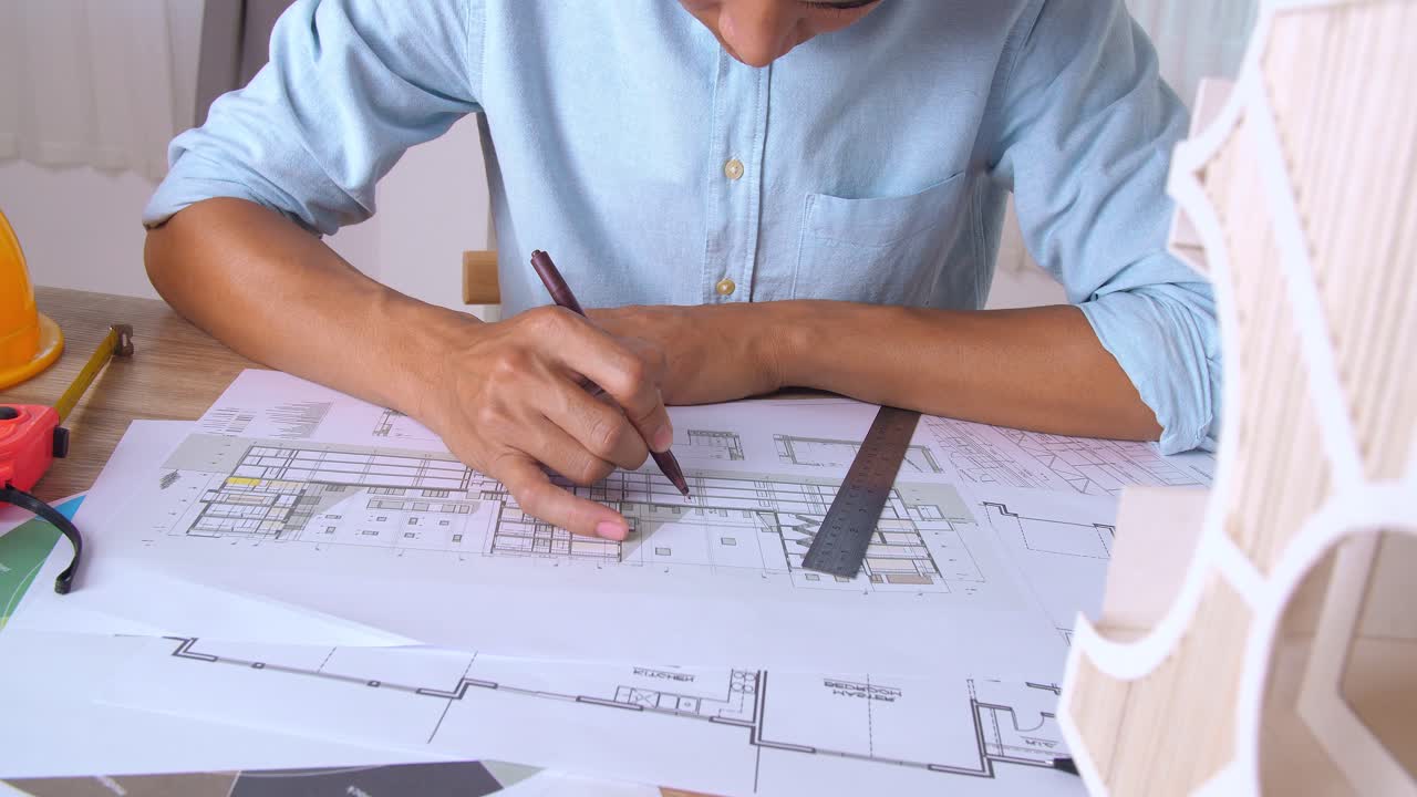 Male Architect Working On A Building Blueprint
