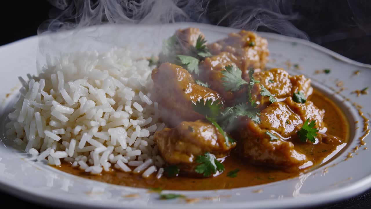 Curry di pollo fumante con riso bianco e coriandolo