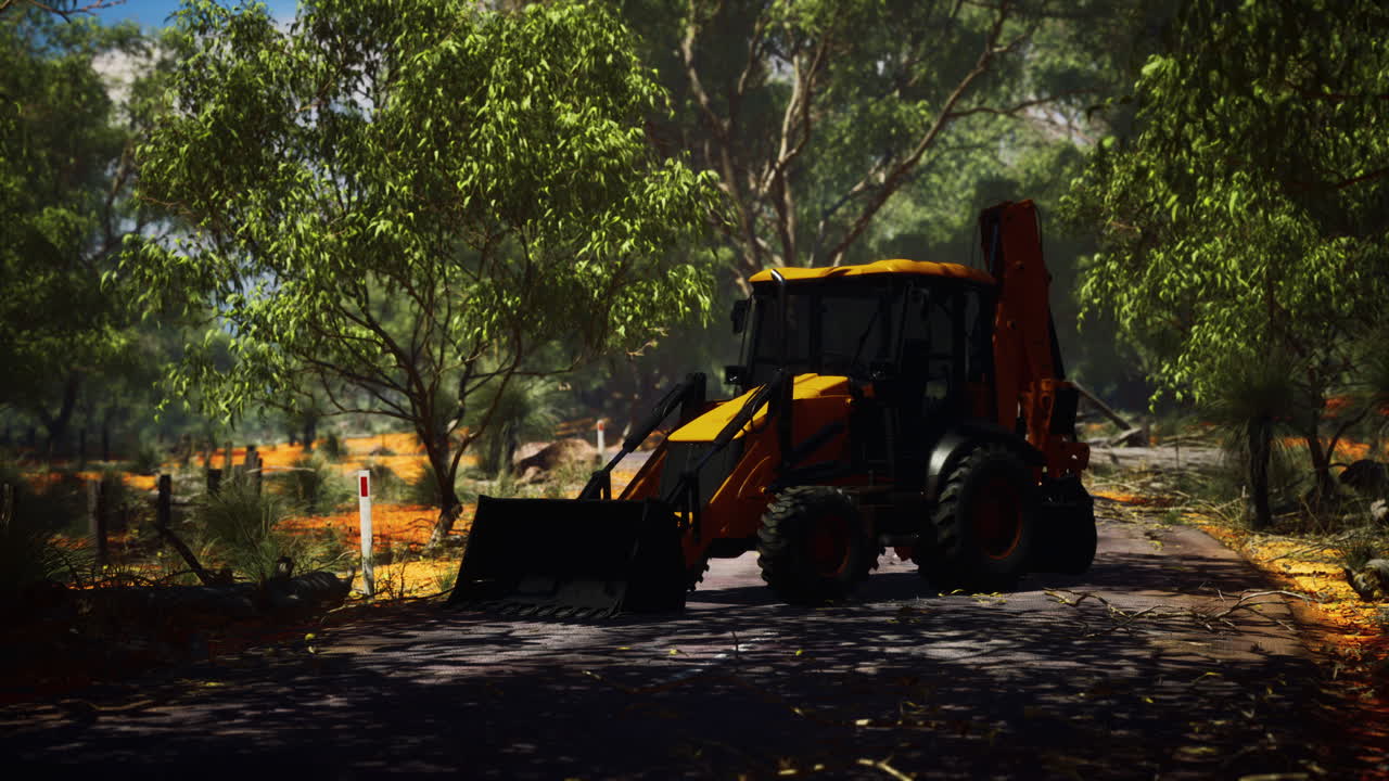 덤불 숲 에 있는 발굴기 트랙터