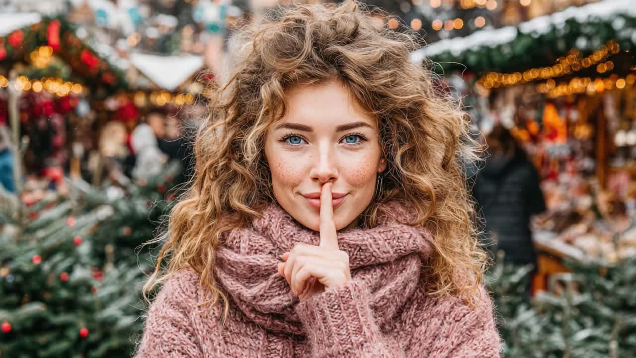 A Cheerful Young Woman with Curly Hair Playfully Indicating Silence at a Festive Market, Surrounded by Twinkling Lights and Holiday Decorations
