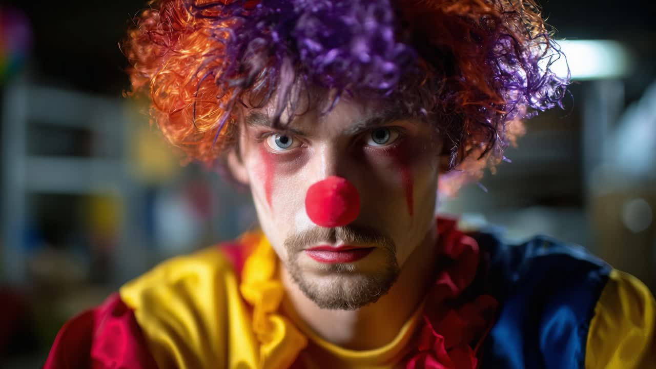 Intense Close-Up of a Clown with Colorful Hair and Bold Makeup Capturing a Dramatic Expression in a Dimly Lit Environment