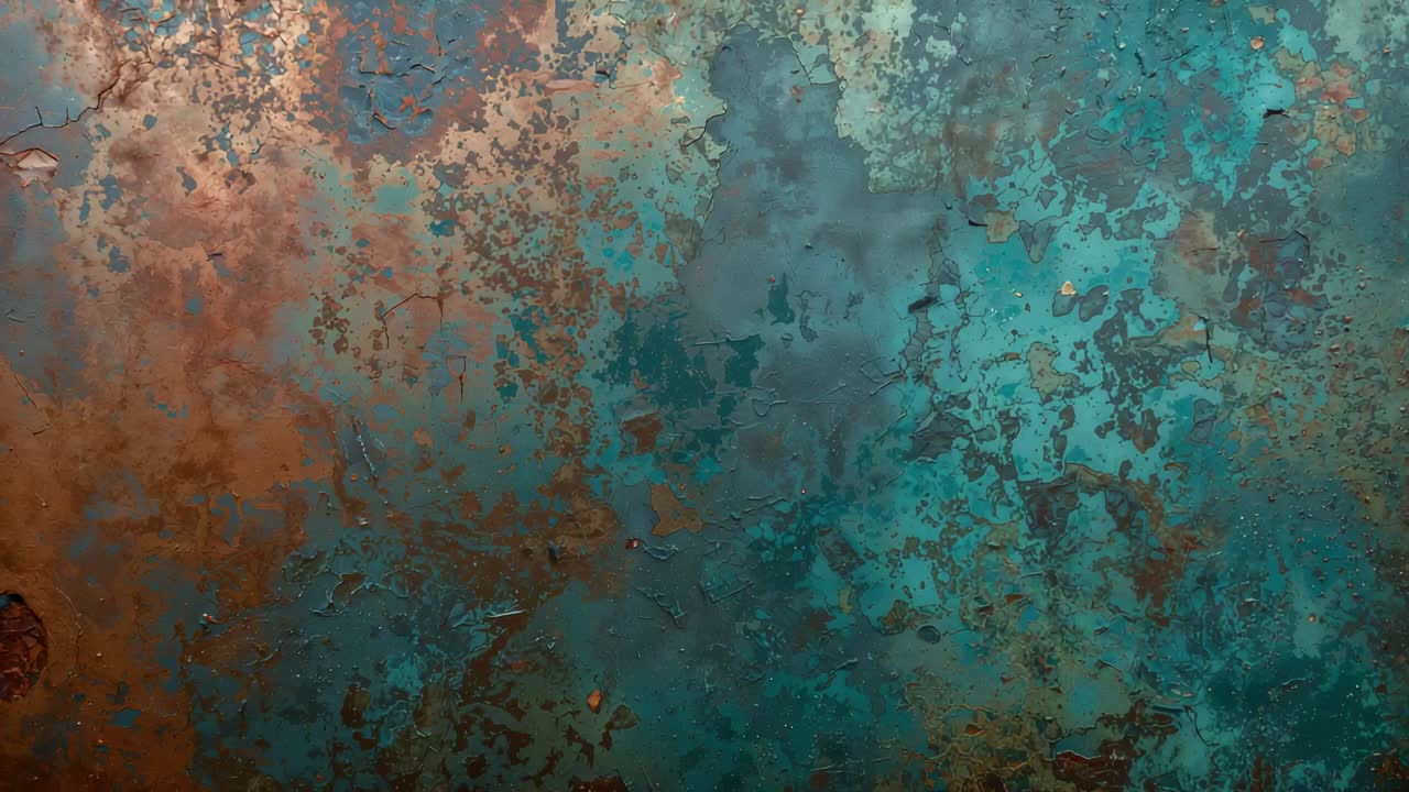 Skiftende kamera afslører korroderet metalpanel med rust og turkis patina i nærbillede til inspektion