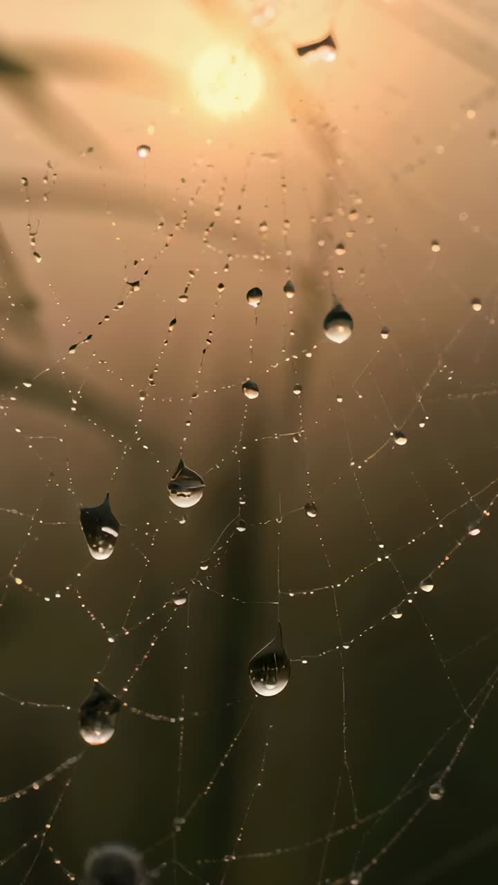 Vertical video: Oscillating spider silk web gathering dew from mist at yard edge, shifting in sun