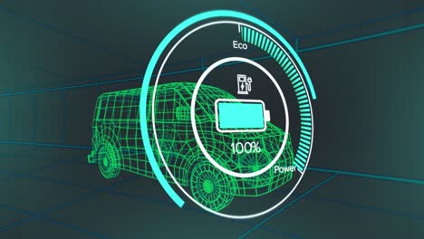 animation of speedometer over 3d model of a van moving against blue background