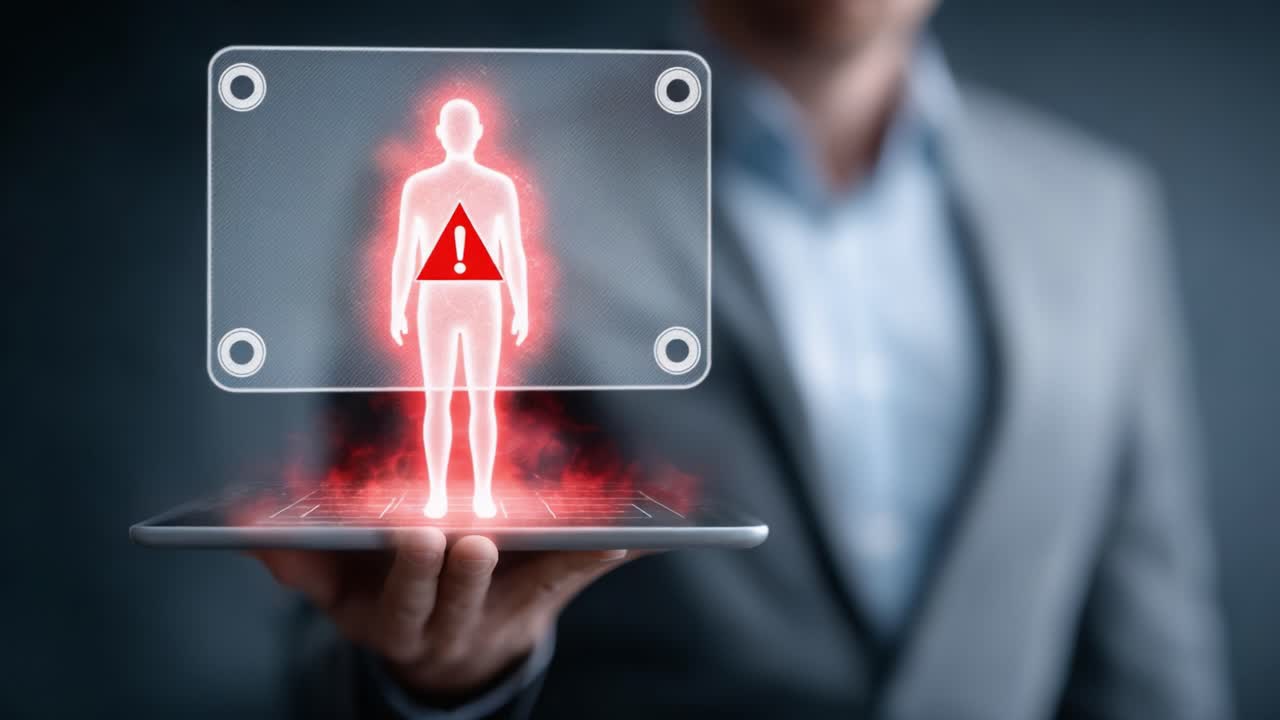 A businessman holds a tablet displaying a holographic figure surrounded by warning symbols, signifying alertness to dangers and potential risks in a digital space