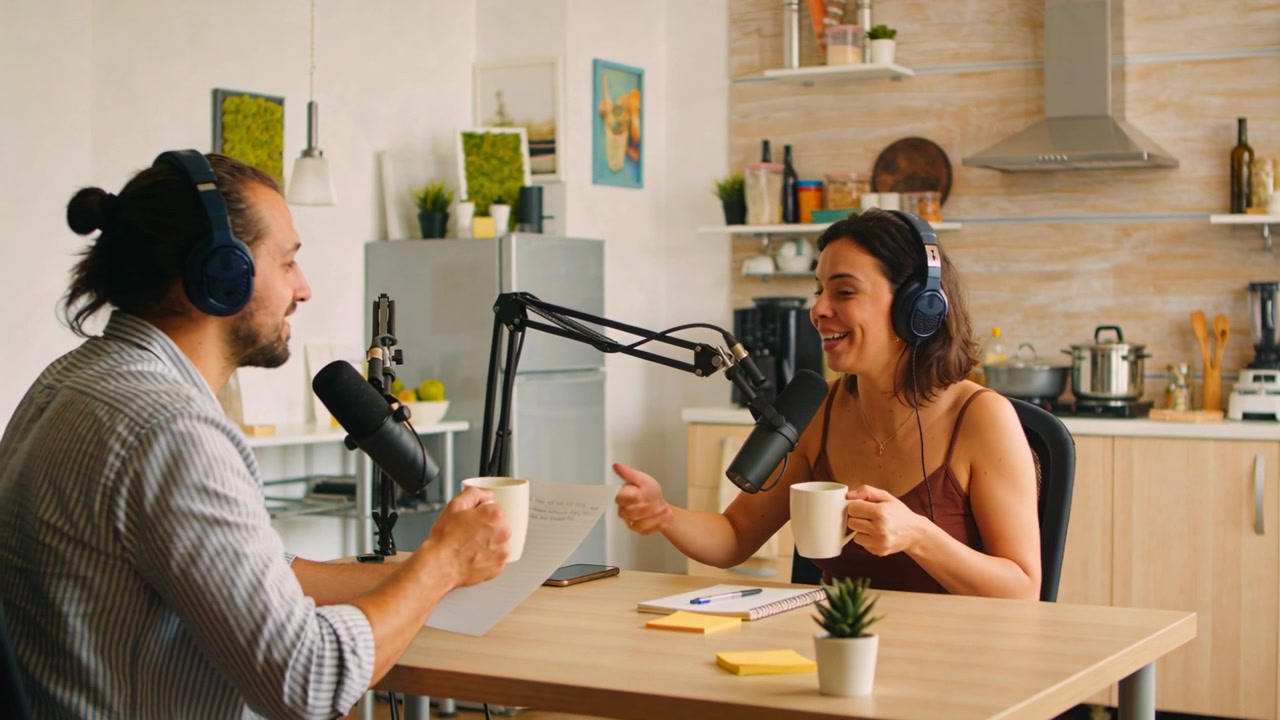 Reagendo alla frase della donna, i conduttori con microfoni fanno tintinnare le tazze e parlano consultando gli appunti in cucina.