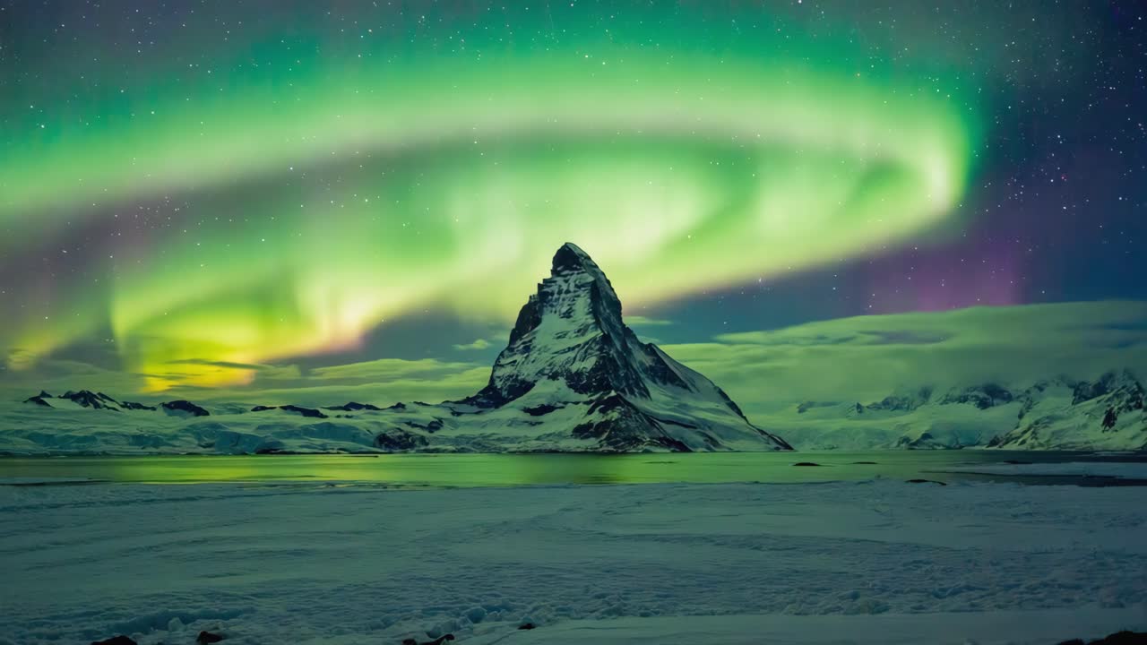 A stunning view of the aurora borealis over a snow-covered mountain landscape at night