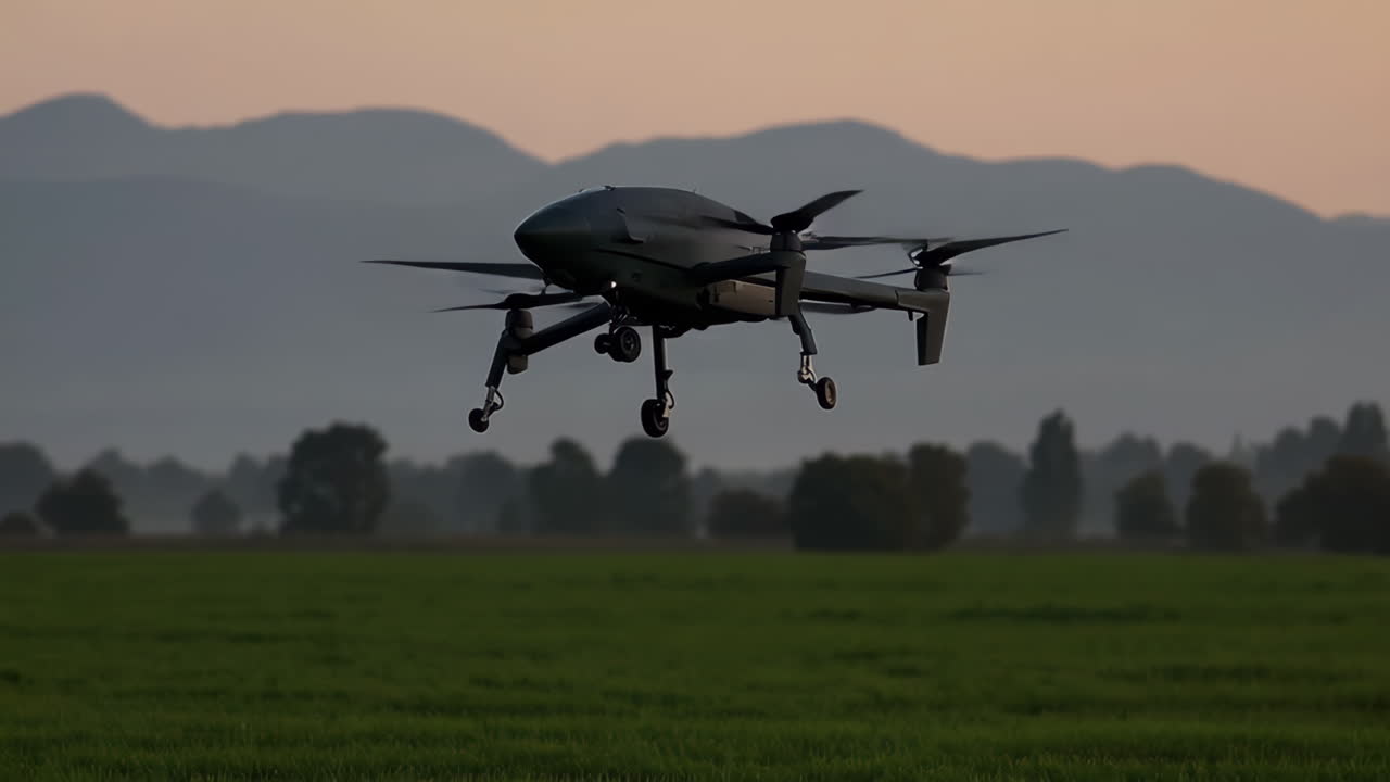 Drone in Flight Over Field at Sunrise/Sunset